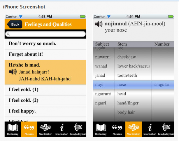 Screenshots showing the application Ma! Iwaidja (source: itunes.apple.com)